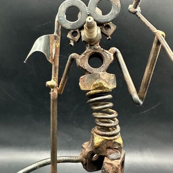 Vintage Metal Golfer Nuts Bolts Figure Flag Welded Art Unique Signed DFF Patina - Picture 14 of 16